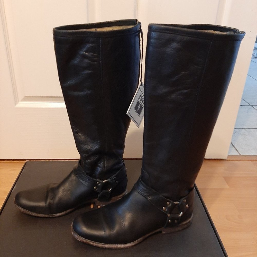 Frye Phillip Harness Black Leather Riding Boots, size 10B